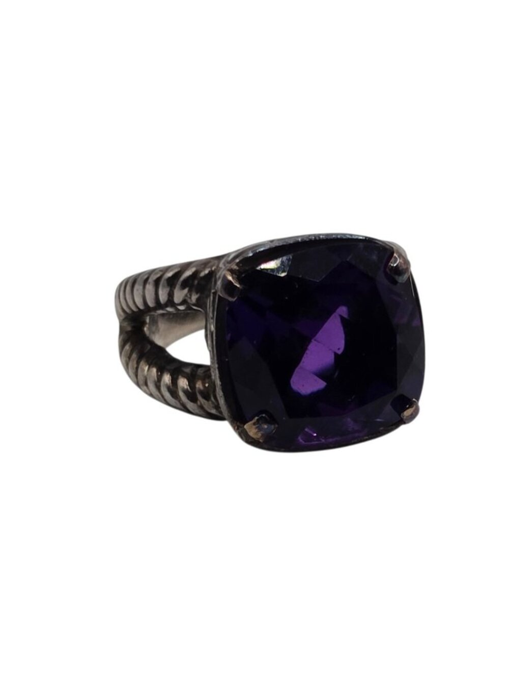 David Schorr Two Tone 18K Gold 925 Sterling Silver Cushion Amethyst Ring